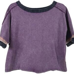 Women Short Sleeve Distressed Boxy Oversized T-shirt Top Purple Boho Size Small